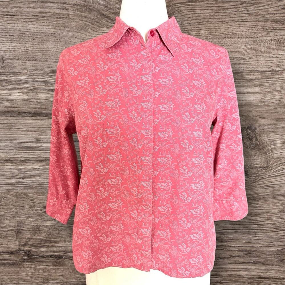 J.Crew Deep Pink Floral Button Up Blouse 3/4 Sleeve Short Crop Sz L 100% Cotton